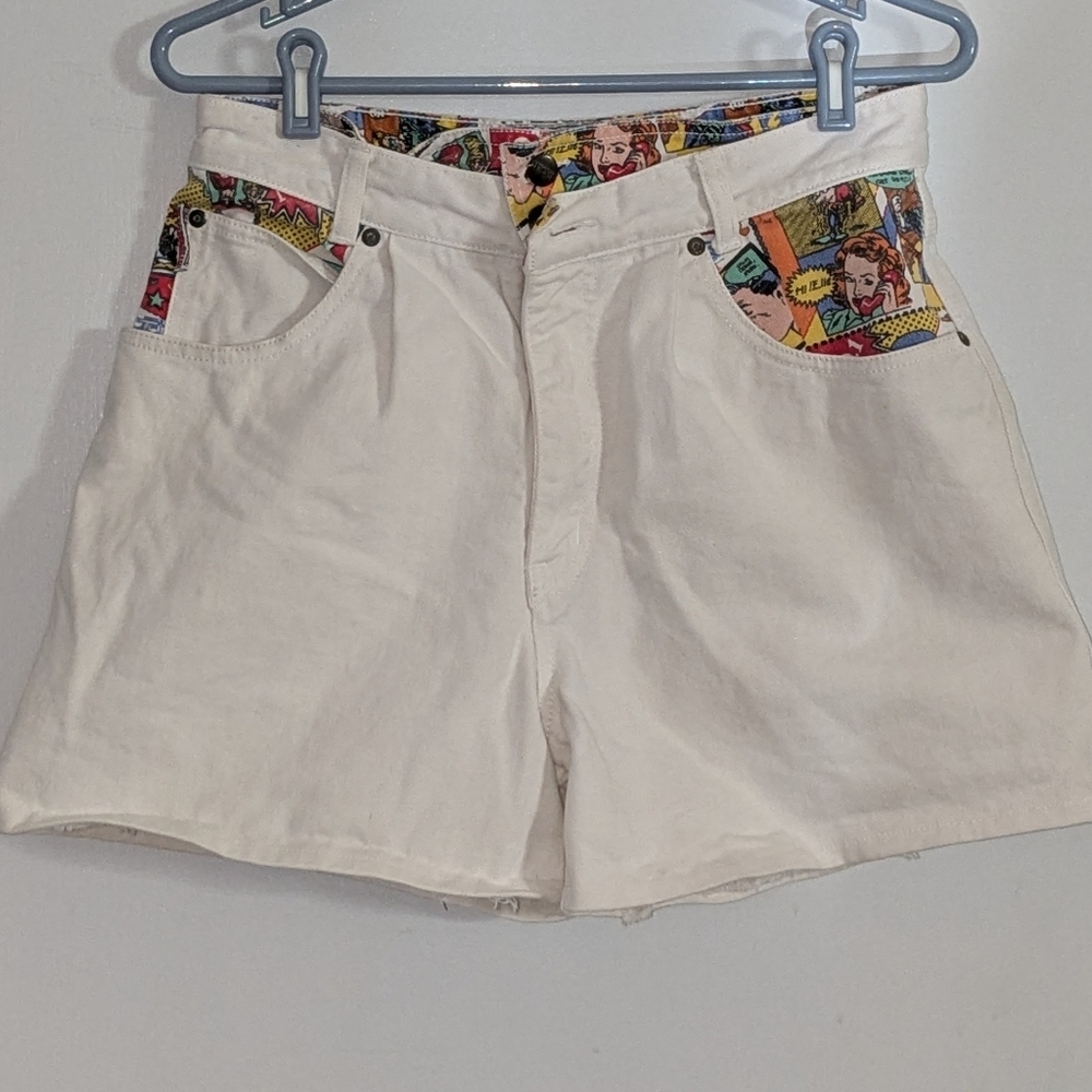 VTG 90s Get Used by Elie White Denim Comic Print Shorts High Rise